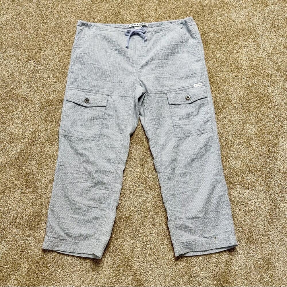 Tommy Hilfiger Y2K Seersucker Cargo Blue White Striped Capris Size 8